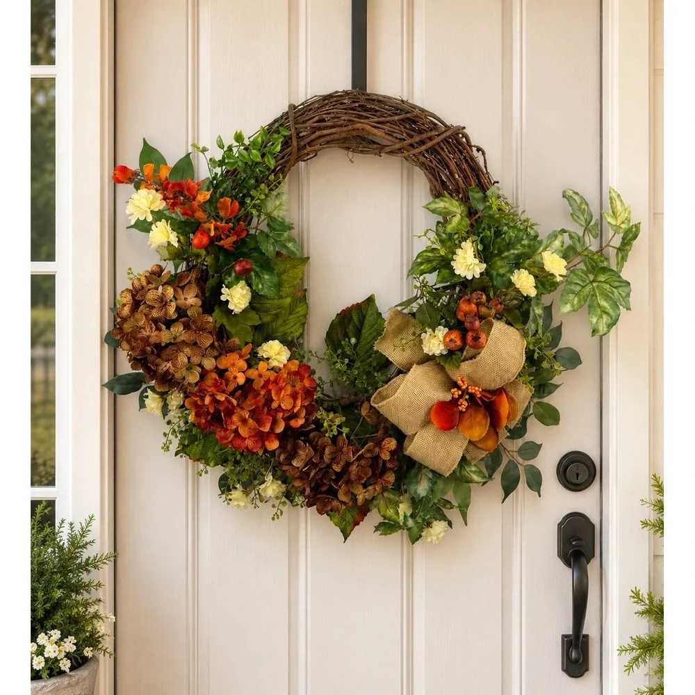 Handmade Fall Grapevine Wreath Orange Hydrangea Burlap Bow Autumn Decor
